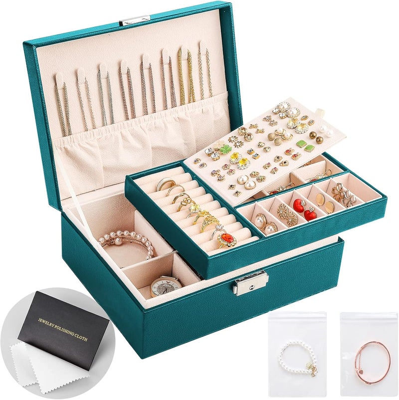 Sanikeon Jewelry Organizer Box Leather Jewelry Box for Girls Womens Earring Organizer with Lock Double Layers Jewelry Case Removable Tray for Necklace Earring Ring with Polishing Cloth and Jewelry Bags - Image 1
